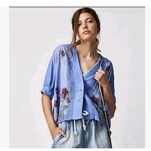 We The Free People Oversized Big Blooms Button Up Stripe Rose Blouse Small Crop